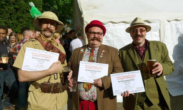 Handlebar Club Moustache Category Winners at the Hitchin Beard and Moustache Competition. L-R: 1st Allan Robinson, 2nd Chris Wall, 3rd James Dyer